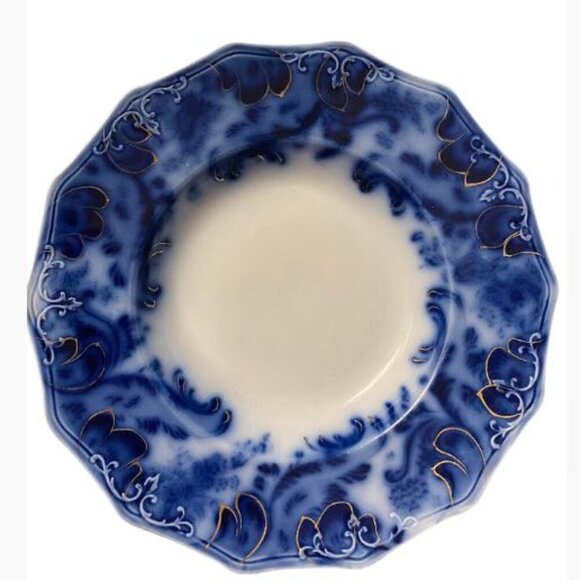 Vintage Grindley Argyle Pattern Flow Blue Bowl with Gold Accents  4 Pieces  VGUC - Picture 1 of 16